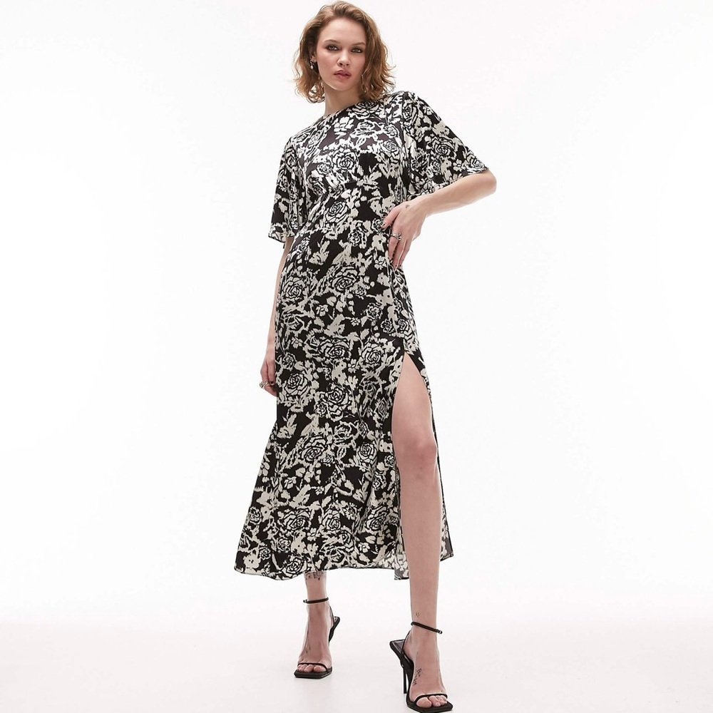 Topshop Black and White Floral Midi Dress